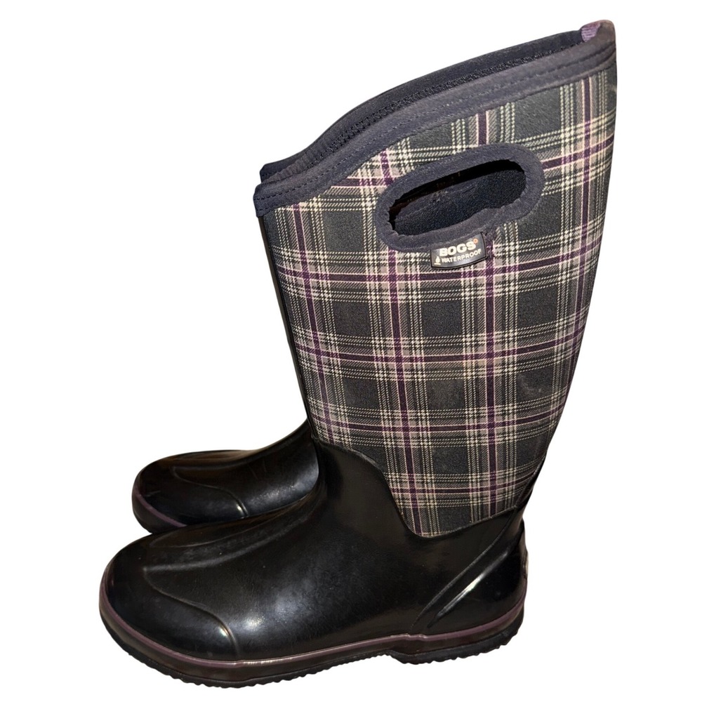 Bogs Classic Winter Plaid Waterproof Boots Womens 12 Grey Purple 71536-009